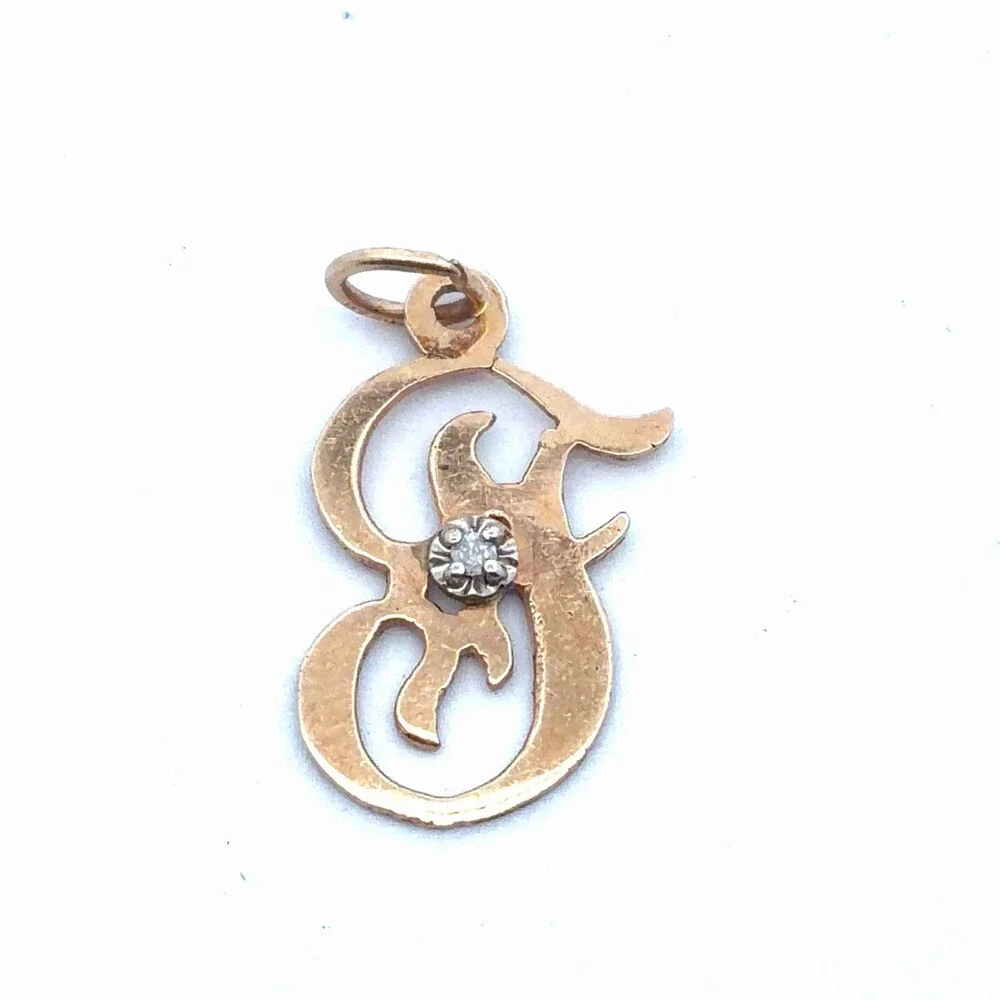 Estate 14K Yellow Gold Diamond Accent Script Capital G Monogram Initial Pendant